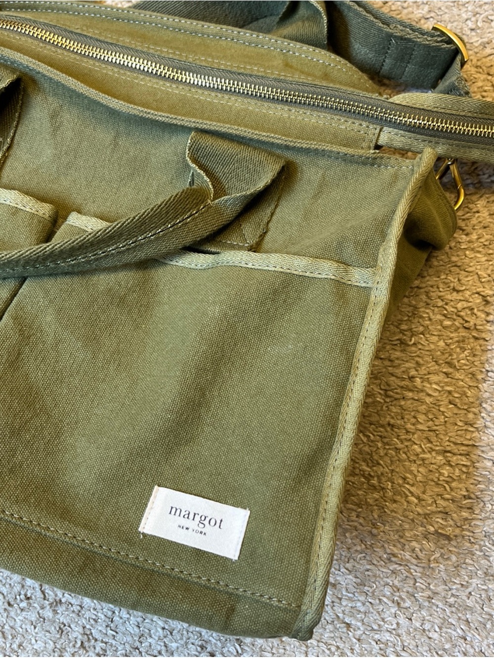 Margot New York Olive Green Canvas Utility Tote Bag Travel Laptop Work Crossbody - Picture 3 of 10